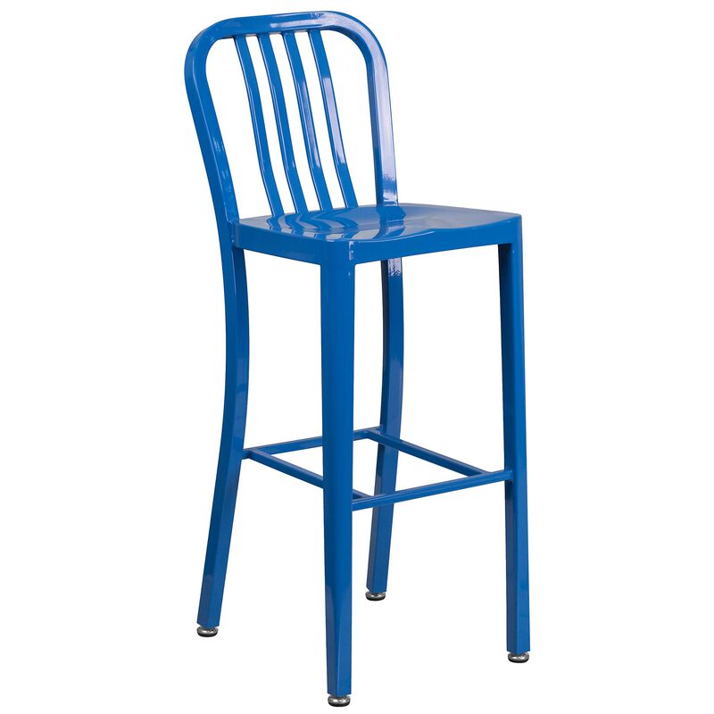 Flash Furniture Earl Commercial Grade 24" Round Blue Metal Indoor-Outdoor Bar Table Set with 2 Vertical Slat Back Stools