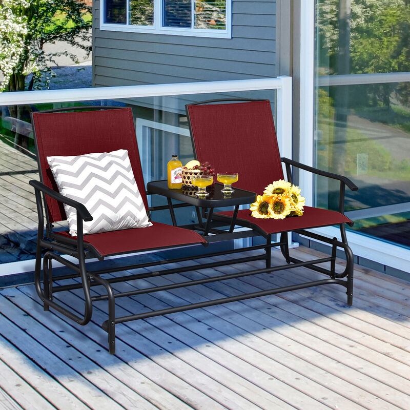 2-Person Double Rocking Loveseat with Mesh Fabric and Center Tempered Glass Table