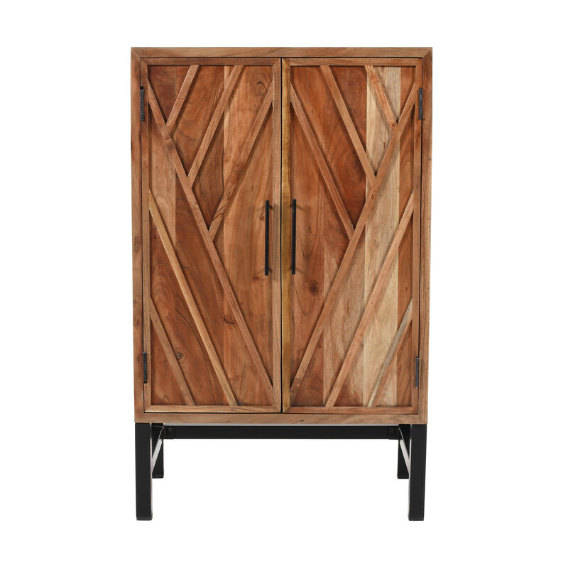 30 Inch Storage Cabinet, Handcrafted Rustic Brown Acacia Wood, Black Iron Legs