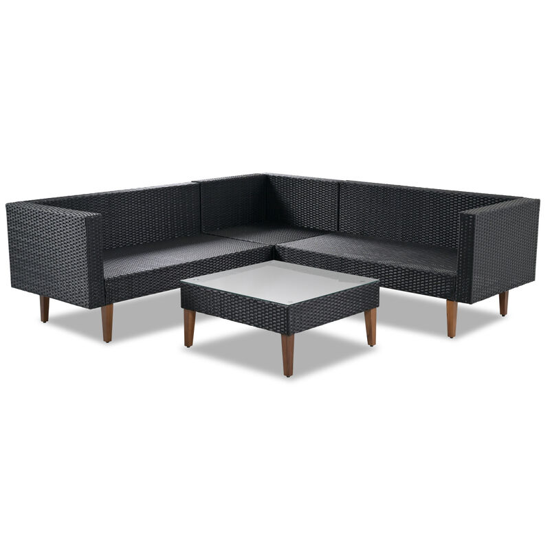 4-Pieces Outdoor Wicker Sofa Set, Patio Furniture Withful Pillows, L-Shape Sofa Set