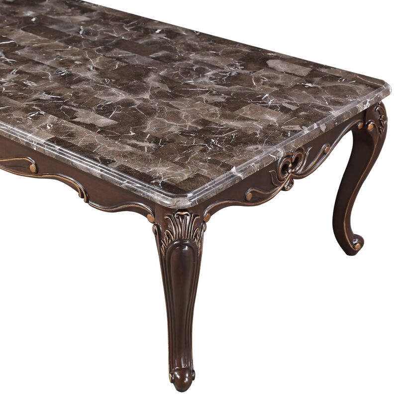 Cona 54 Inch Cocktail Coffee Table, Carved Gold Accent, Cherry Brown, Gray - Benzara