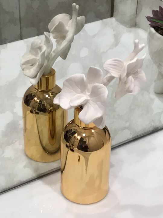 Gold Bottle Diffuser With Gold Cap And White Flower, "Lily Of The Valley" Scent