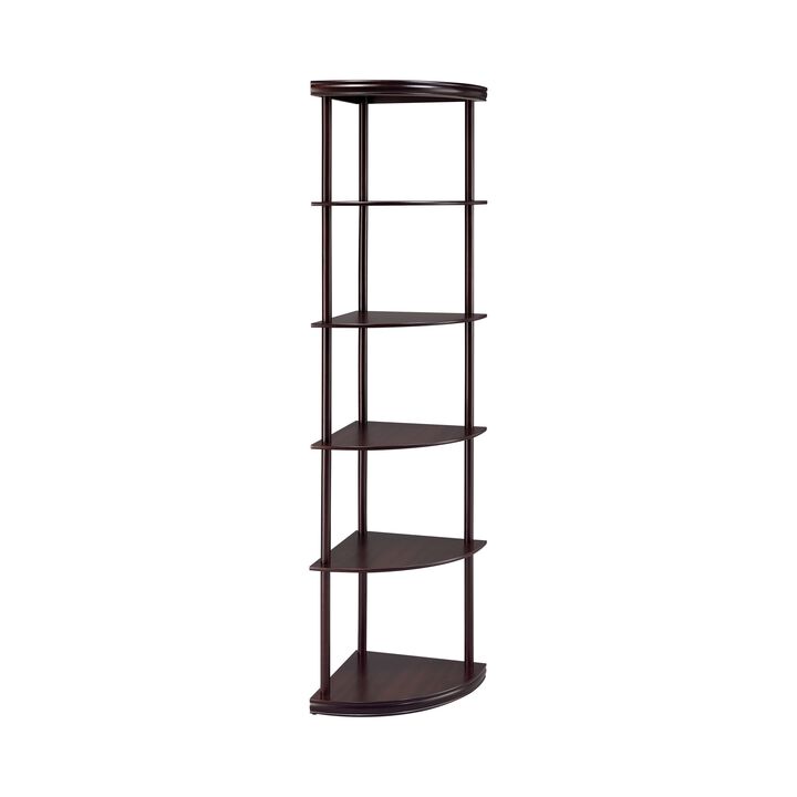 Illuminating corner bookcase with five pie shaped shelves, Brown-Benzara