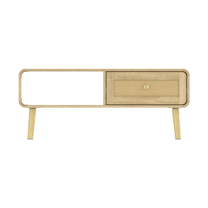 FUFU&GAGA Mid-Century Coffee Table with Storage, Wooden Center Table with Drawer & Open Shelf, (39.4" W x 17.9" H x 23.6" D), Natural Oak