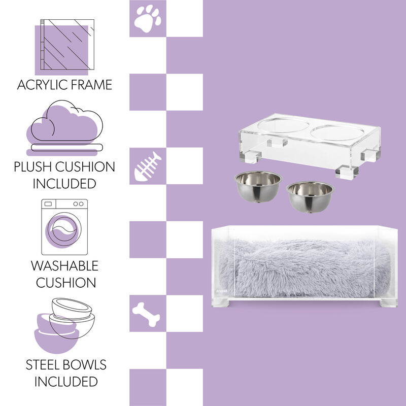 Billie Small Modern Lucite Calming Fluffy Pet Bed with Washable Cushion and Elevated Pet Feeder with 2-Stainless Steel Bowls (Set of 2)