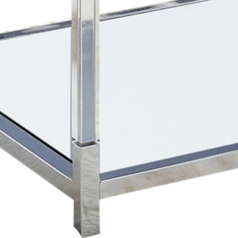 Glass Top Metal Coffee Table with Open Bottom Shelf, Silver and Clear-Benzara
