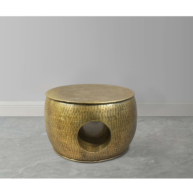 Nala 23 Inch Coffee Table, Low Round Drum Shape with Unique Hollow Center, Antique Brass Aluminum - Benzara