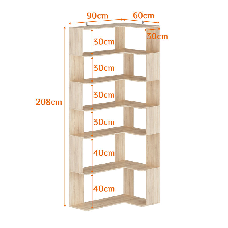 35.4 in. Wide Bright Wood Grain 7-Shelves Accent Bookcase, Open Back Bookshelf, Corner Bookcase (82 in. H x 23.6 in. D)