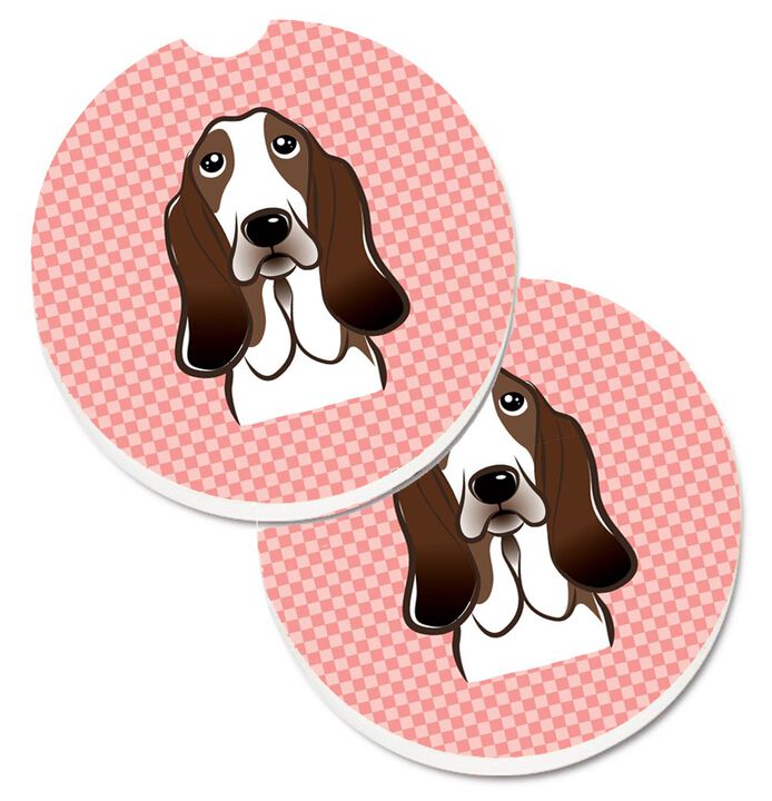 Caroline's Treasures Checkerboard Pink Basset Hound Set of 2 Cup Holder Car Coasters BB1243CARC, 2.56, Multicolor