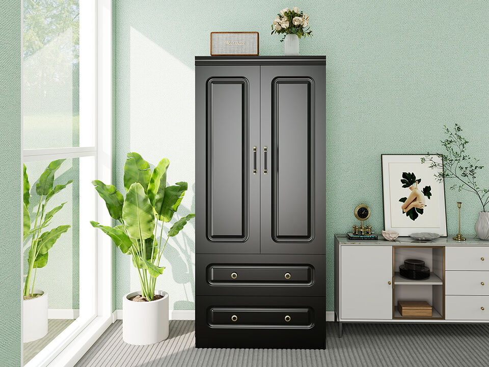 Armoire Wardrobe Closet Cabinet with 2 Doors and 2 Drawers, Armoire Wardrobe Closet with Hanging Rod, Wardrobe for Large Storage, Tall Closet Wardrobe with Drawers for Bedroom Black 20.67"D x 31.5"W x 70.87"H