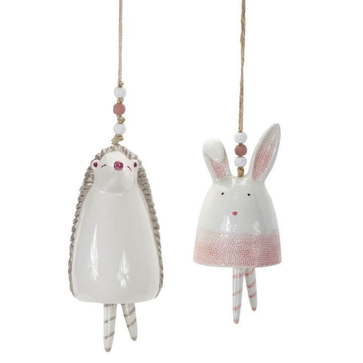 Set of 4 Stoneware Bunny and Hedgehog Bells for Seasonal Decorations