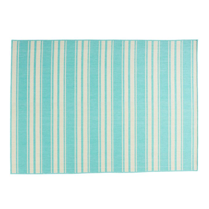 Nina 5 x 7 Area Rug, Teal, Ivory Indoor Outdoor, Handcrafted Stripes