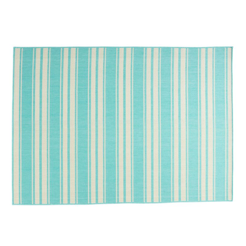 Nina 5 x 7 Area Rug, Teal, Ivory Indoor Outdoor, Handcrafted Stripes