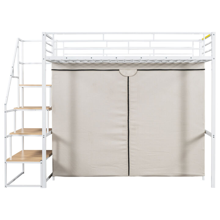Merax Metal Loft Bed with Wardrobe and Storage Shelves