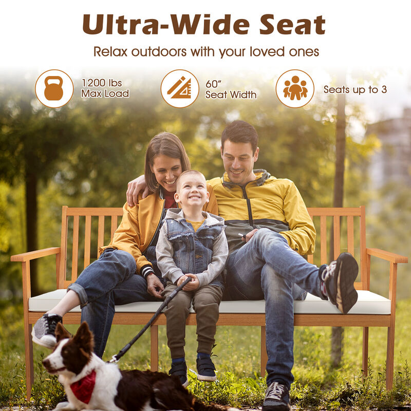 Outdoor 3-Seat Wood Bench with Seat Cushion and Slatted Seat