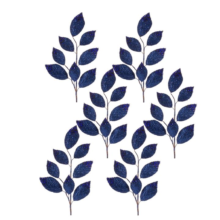 Navy Magnolia Leaf Spray With Bead Accent (Set of 6)