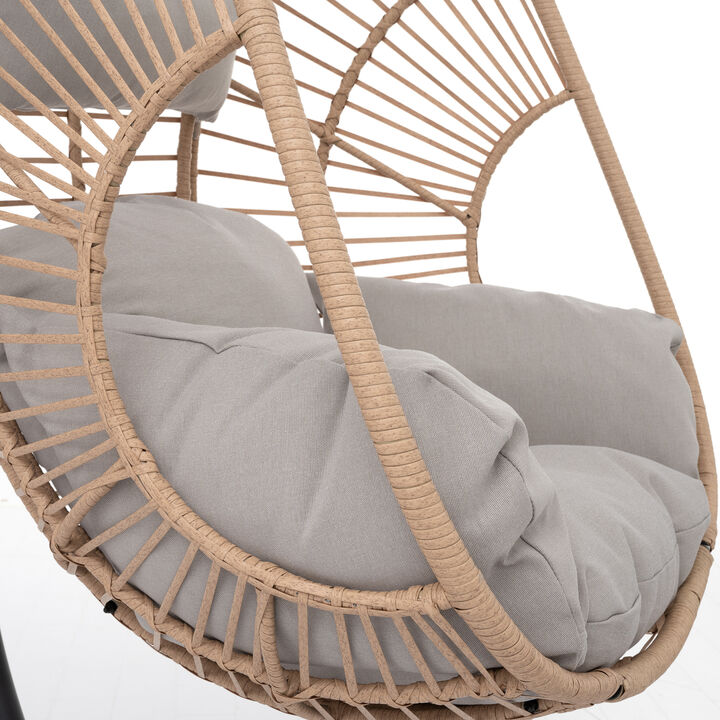 Outdoor Indoor Swing Egg Chair Natural Color Wicker With Beige Cushion