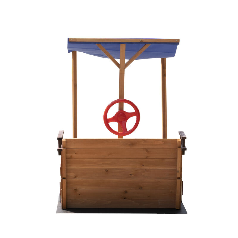 Wooden Pirate Ship Sandbox with Storage Bench & Cover