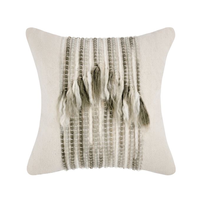 Broz Accent Throw Pillow, 20 Inch Wool Applique, Ivory Cotton Linen - Benzara