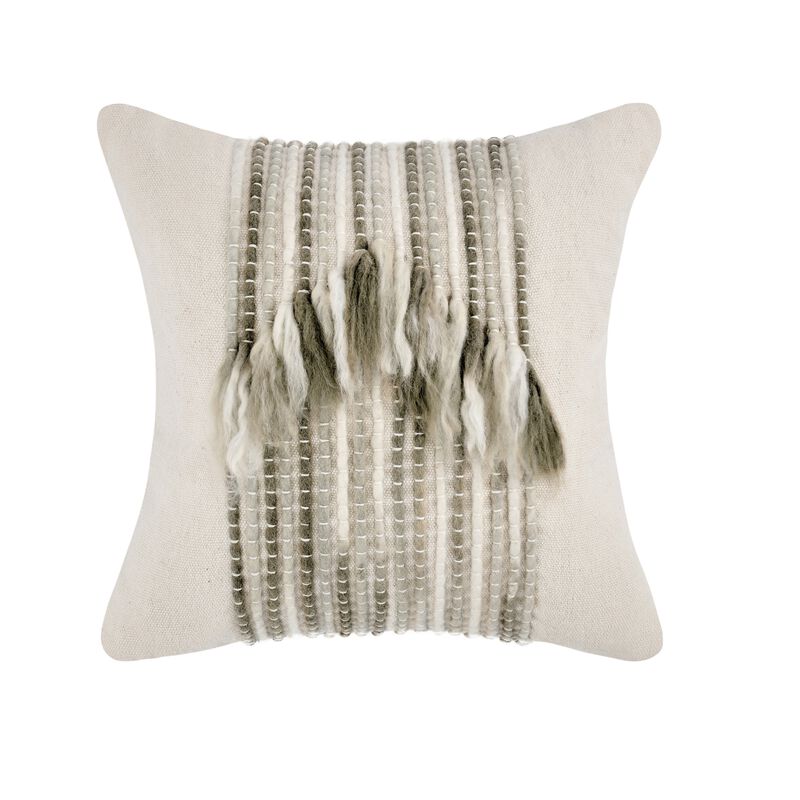Broz Accent Throw Pillow, 20 Inch Wool Applique, Ivory Cotton Linen - Benzara