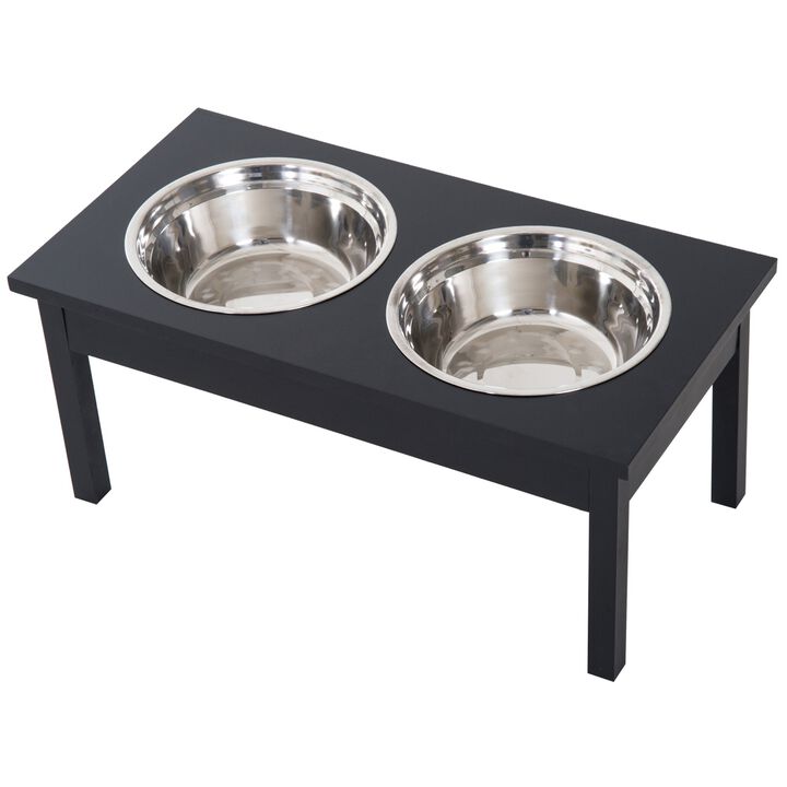Black Canine Diner: 23"L Wooden Stand with Stainless Steel Pet Bowls