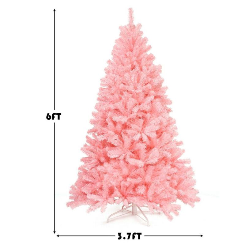 Hivvago 6 Feet Pink Artificial Hinged Spruce Full Christmas Tree with Foldable Metal Stand