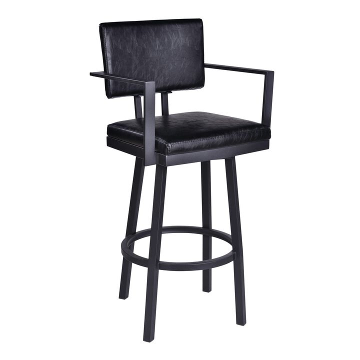 Lumbar Back Faux Leather Barstool with Stainless Steel Legs and Arms, Black-Benzara