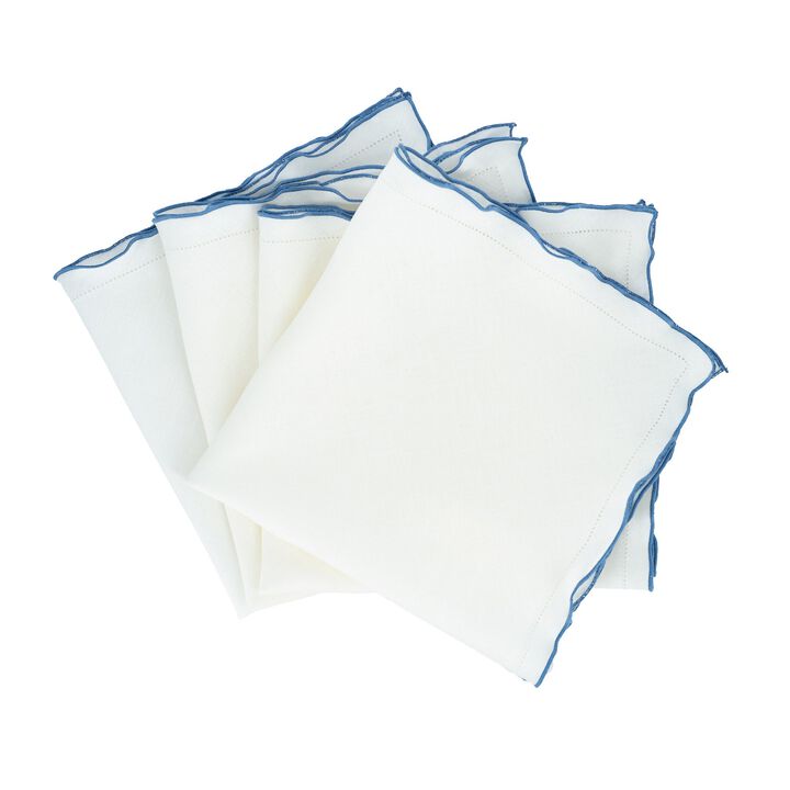 Linen Napkins With Blue Ruffled Hemstitch Edges, Set of 4