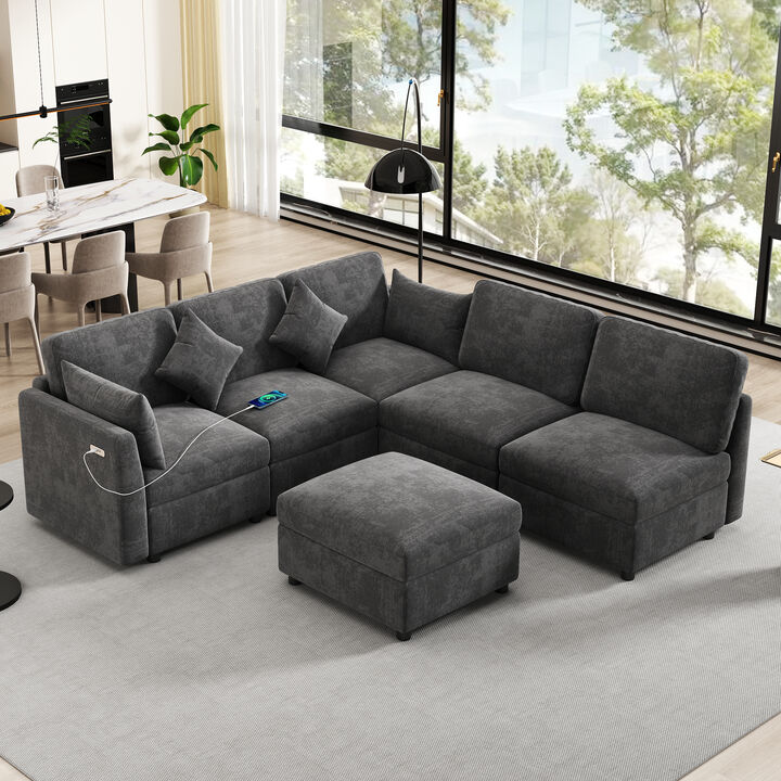 Merax Modular Sectional Sofa U-shaped Sofa with a Movable Ottoman