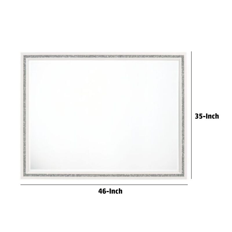 46 Inch Solid Wood Mirror, Shimmering Silver Accent, Landscape, White-Benzara