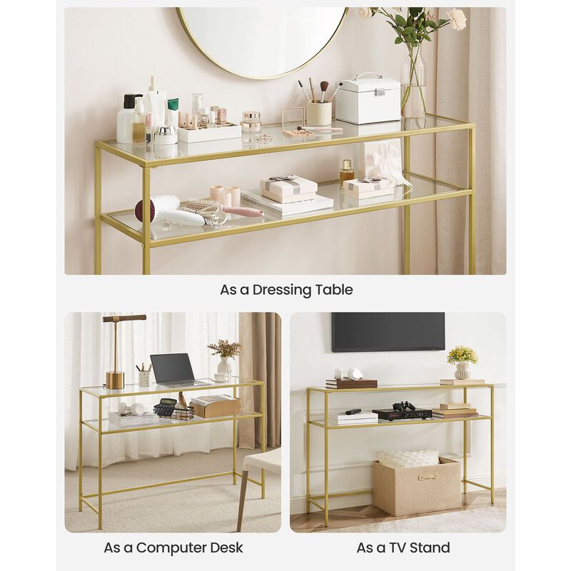 Modern Console Table with Tempered Glass & Metal Frame - Gold, 2 Shelves