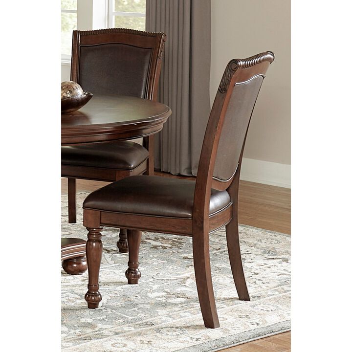 Wooden side chairs set, brown cherry finish, faux leather upholstery