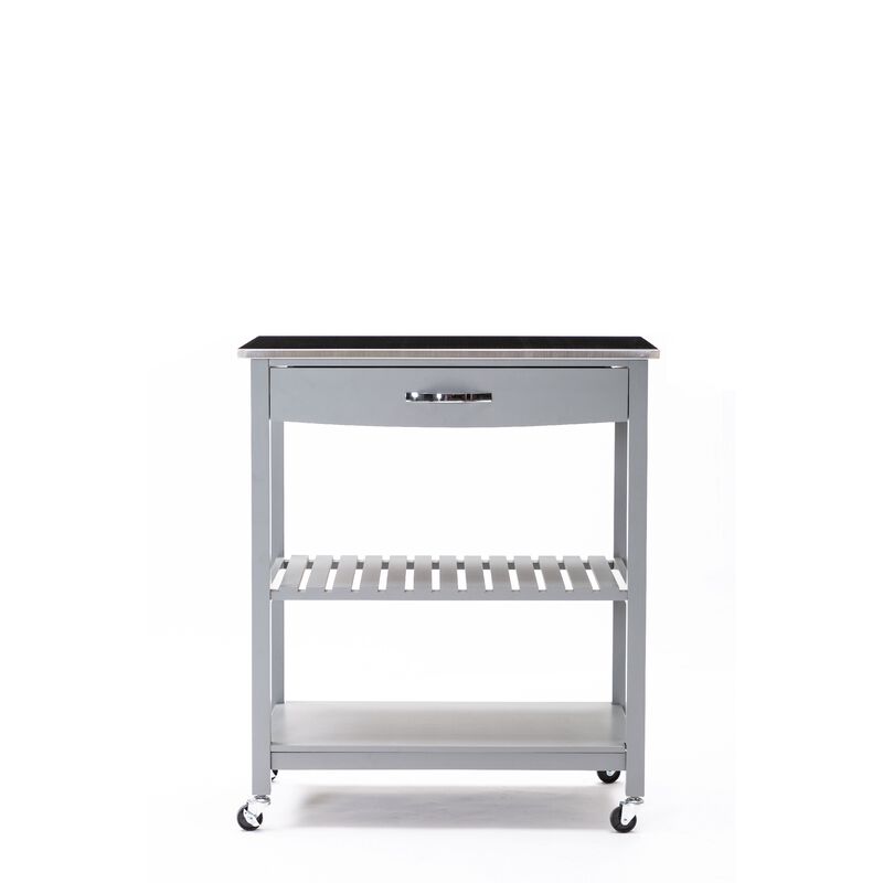 38 Inch 2 Tier Kitchen Cart Island, Shelf, Steel Top, Lock Casters, Gray - Benzara