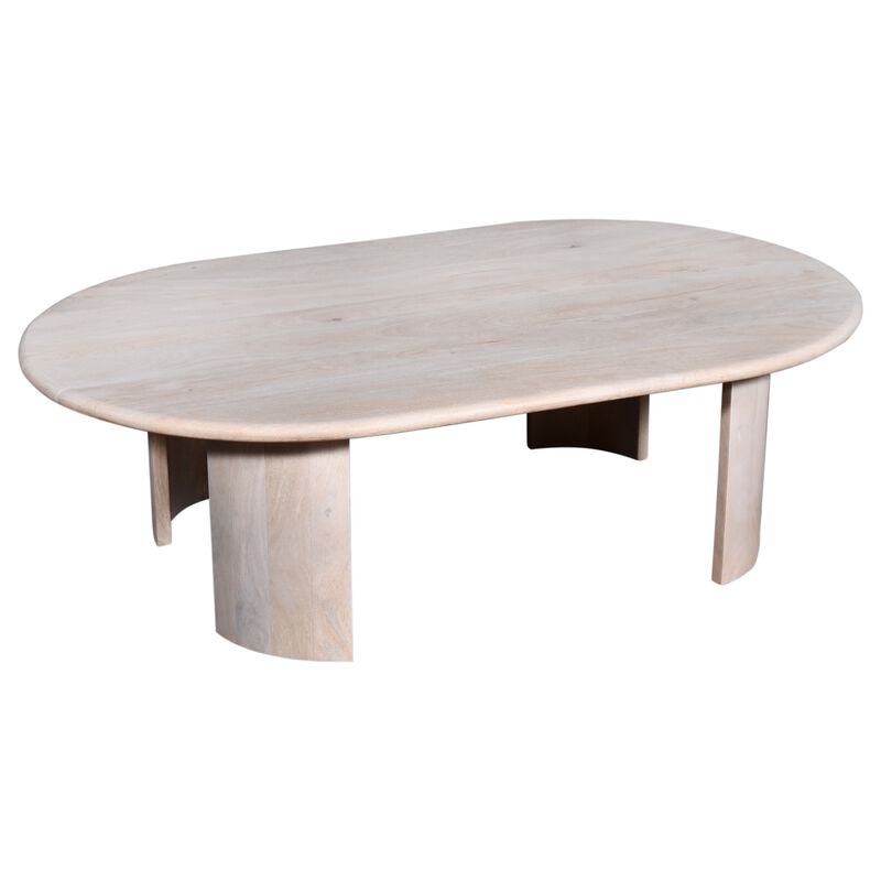 Kipp Coffee Table, 51 Inch Rounded Oblong Top, White Solid Mango Wood - Benzara