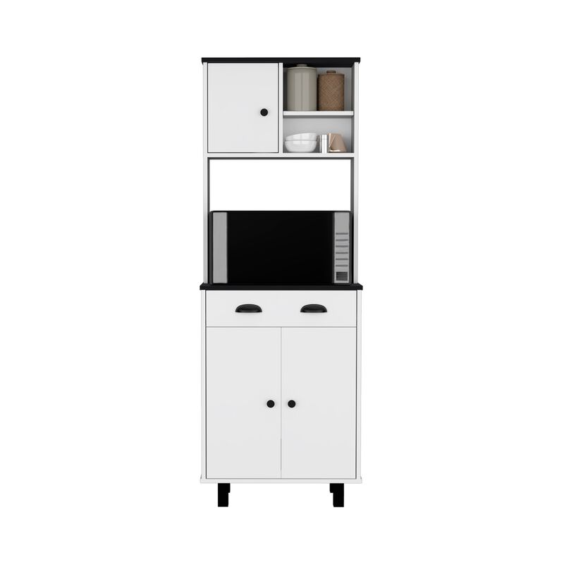 DEPOT E-SHOP Kitchen Pantry 67" H, Two Cabinets, Three Doors, Two Open Shelves, One Drawer, Microwave Storage Option, White/Black