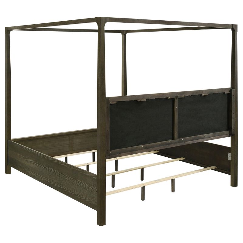 Seon Queen Canopy Bed w 4 Posters, Ivory Upholstery, Dark Cocoa Brown - Benzara