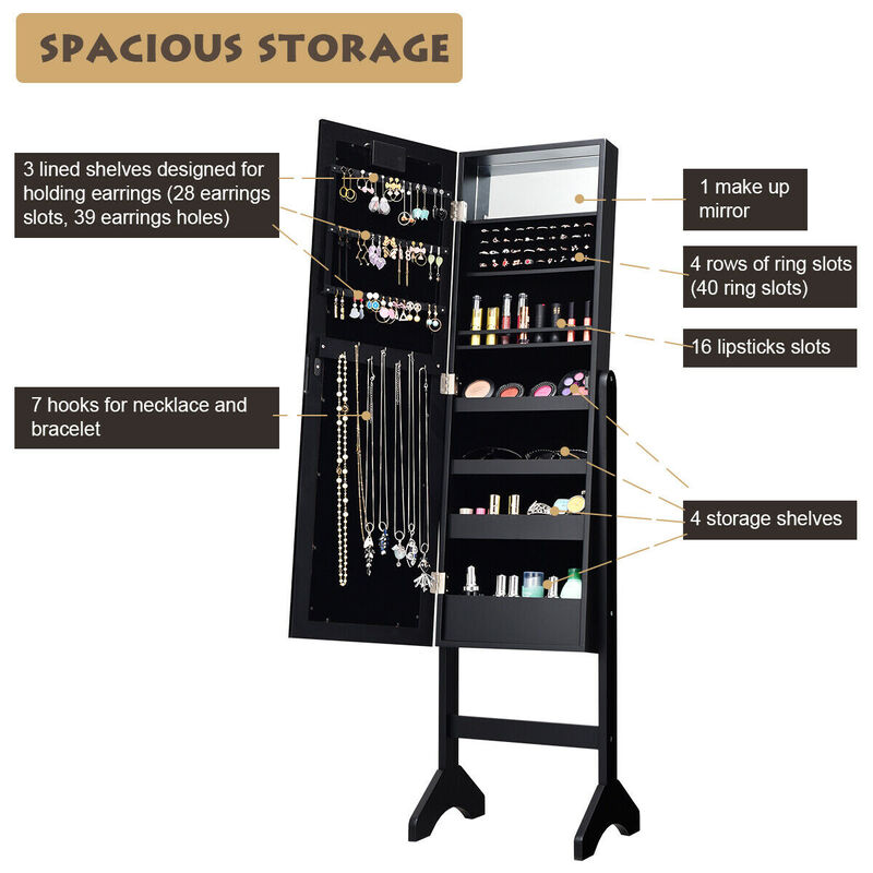 Mirrored Jewelry Cabinet Armoire Organizer w/ LED lights-Black