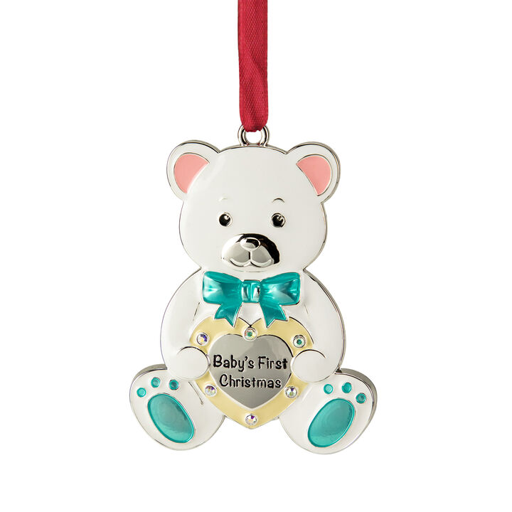 3" Pastel Silver Plated Bear Baby's First Christmas Ornament with European Crystals