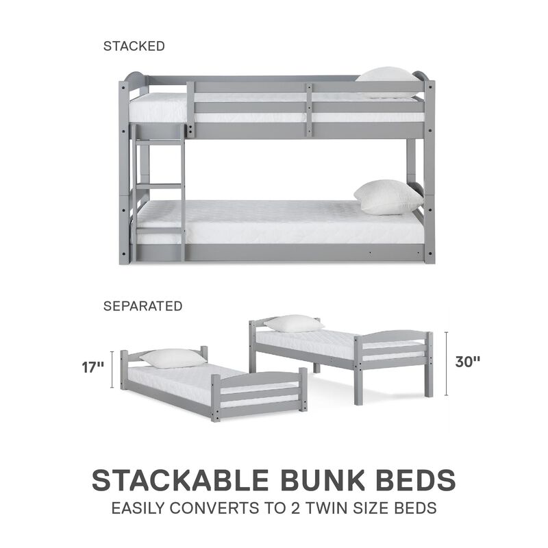 DHP Sierra Low Profile Twin over Twin Bunk Bed with Ladder, Gray