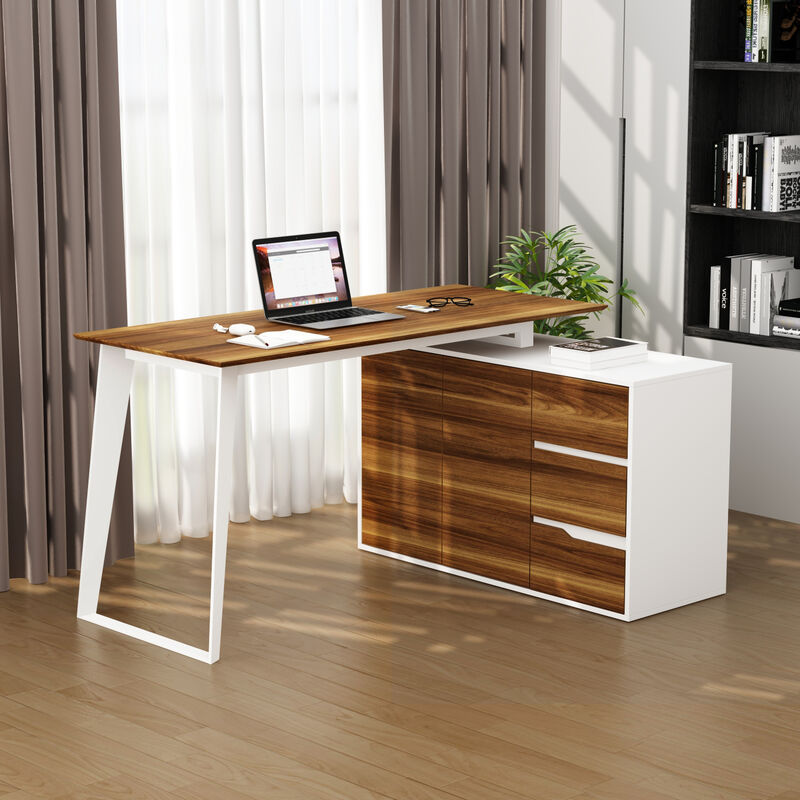 54.3 in. Reversible L-Shaped White Wood Writing Desk Office Workstation With Adjustable Shelves, Drawers, Doors Cabinet