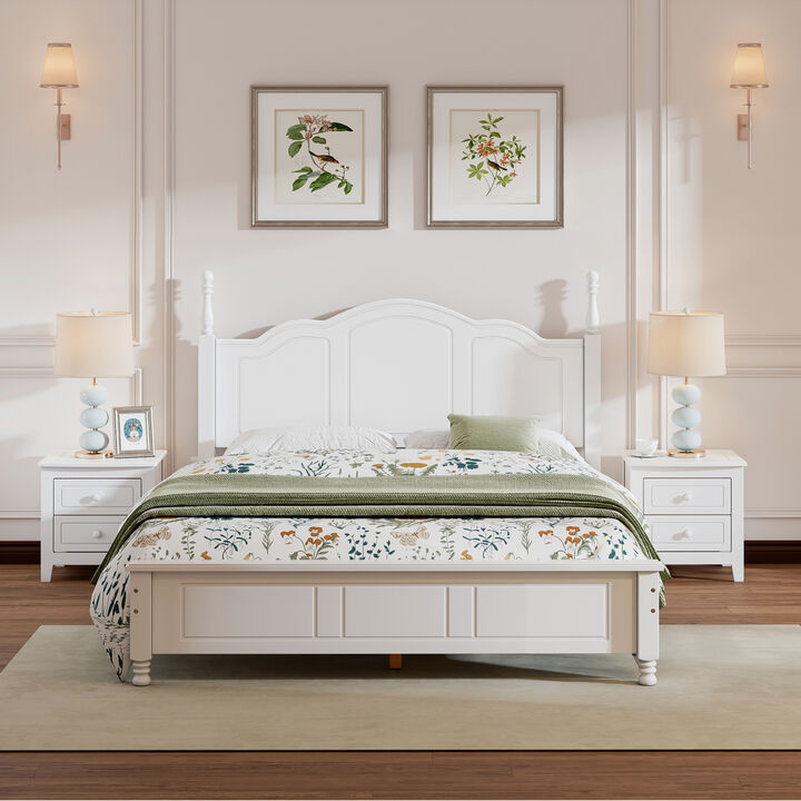 3-Pieces Bedroom Sets, Queen Size Wood Platform Bed And Two Nightstands-White