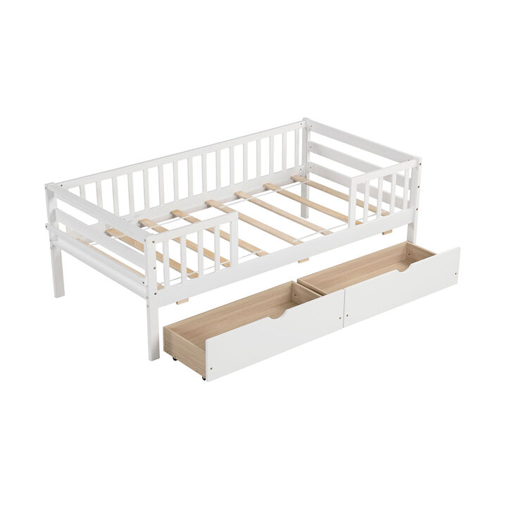 Twin Daybed with Fence and 2 Drawers Kids Bed for Boys & Girls-White