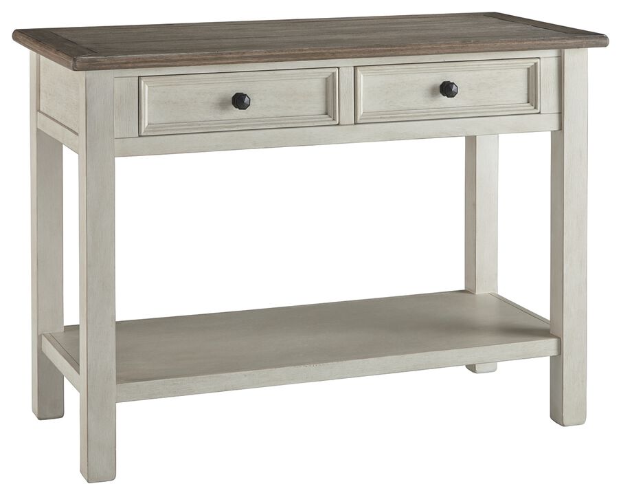 Sofa Table With Plank Style Top and 2 Gliding Drawers, Brown and White - Benzara