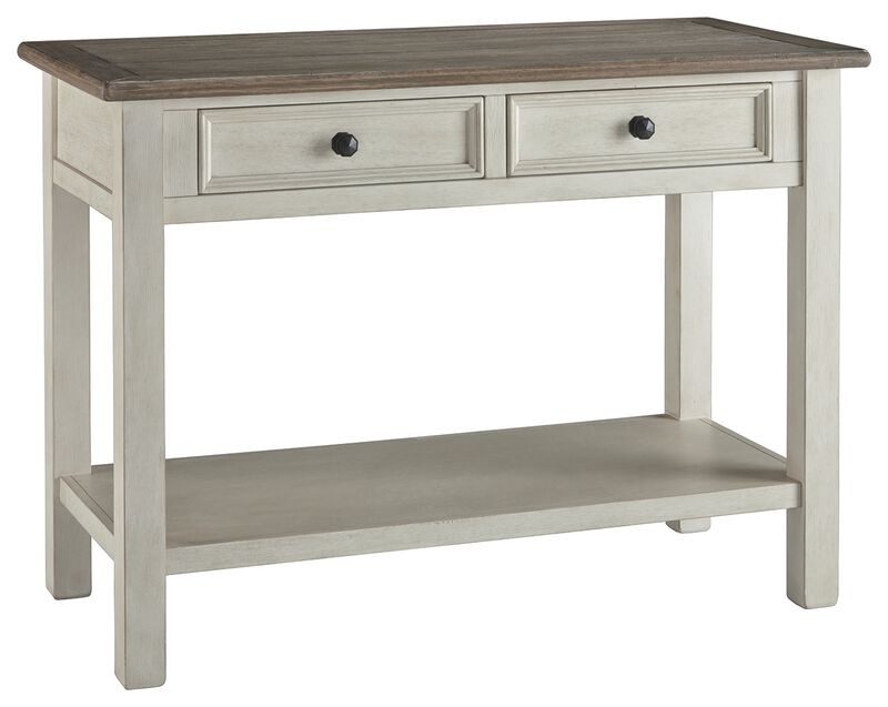 Sofa Table With Plank Style Top and 2 Gliding Drawers, Brown and White - Benzara