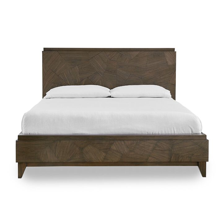 Dee Mahogany Wood Low Profile Queen Bed, Geometric Oat Brown - Benzara