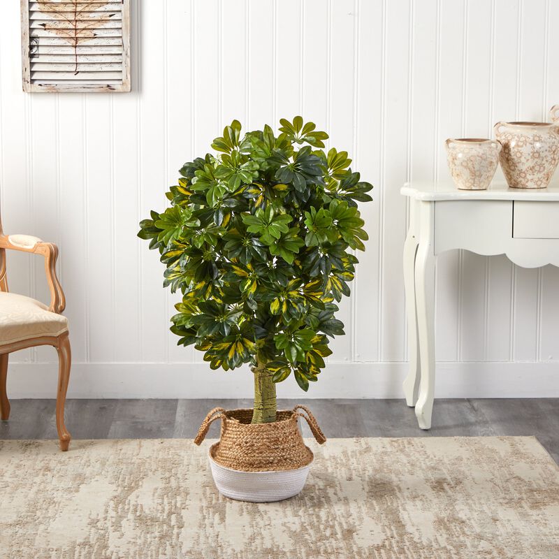 Hivvago 4 Feet Schefflera Artificial Tree in Boho Chic Handmade Cotton & Jute White Woven Planter (Real Touch)
