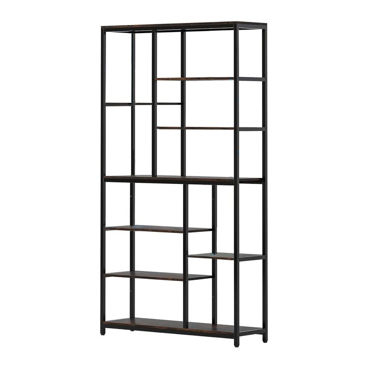 Tall Accent Bookshelf, 9 Tier Brown Shelves, Black Metal 78 Inch - Benzara
