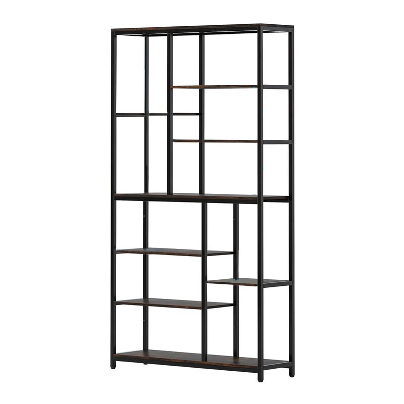 Tall Accent Bookshelf, 9 Tier Brown Shelves, Black Metal 78 Inch - Benzara