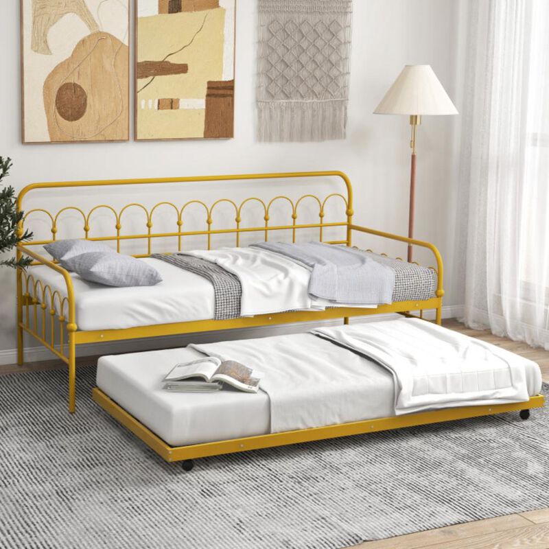 Hivvago Twin Size Golden Metal Daybed with Trundle and Lockable Wheels