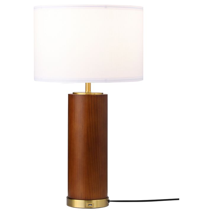 28 Inch Table Lamp, White Fabric Drum Shade, Gold Metal, Brown Bridge Base - Benzara